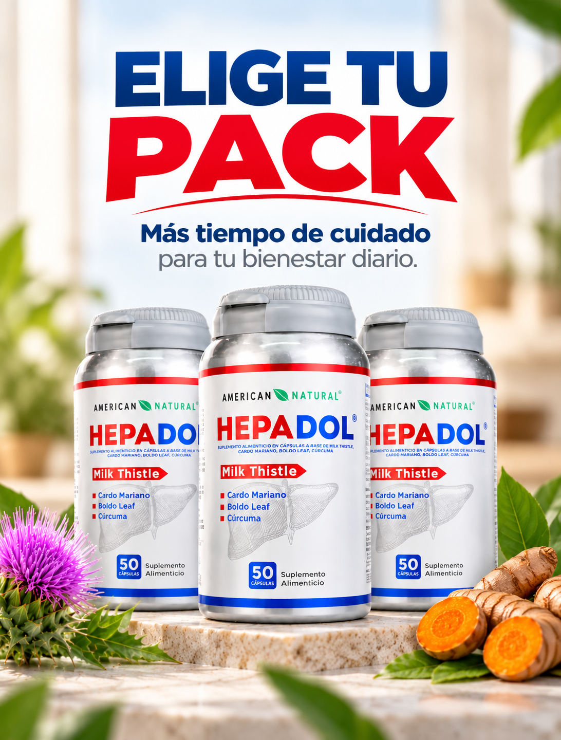 HEPADOL American Natural | Cardo Mariano, Boldo y Cúrcuma · 50 Cápsulas