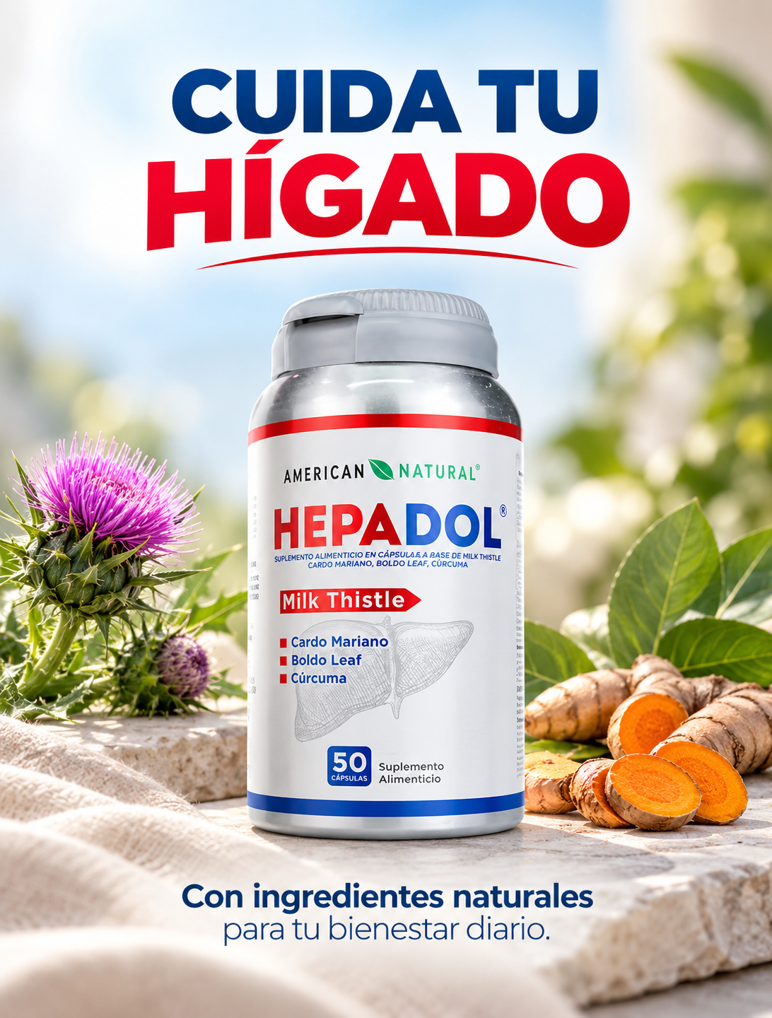 HEPADOL American Natural | Cardo Mariano, Boldo y Cúrcuma · 50 Cápsulas