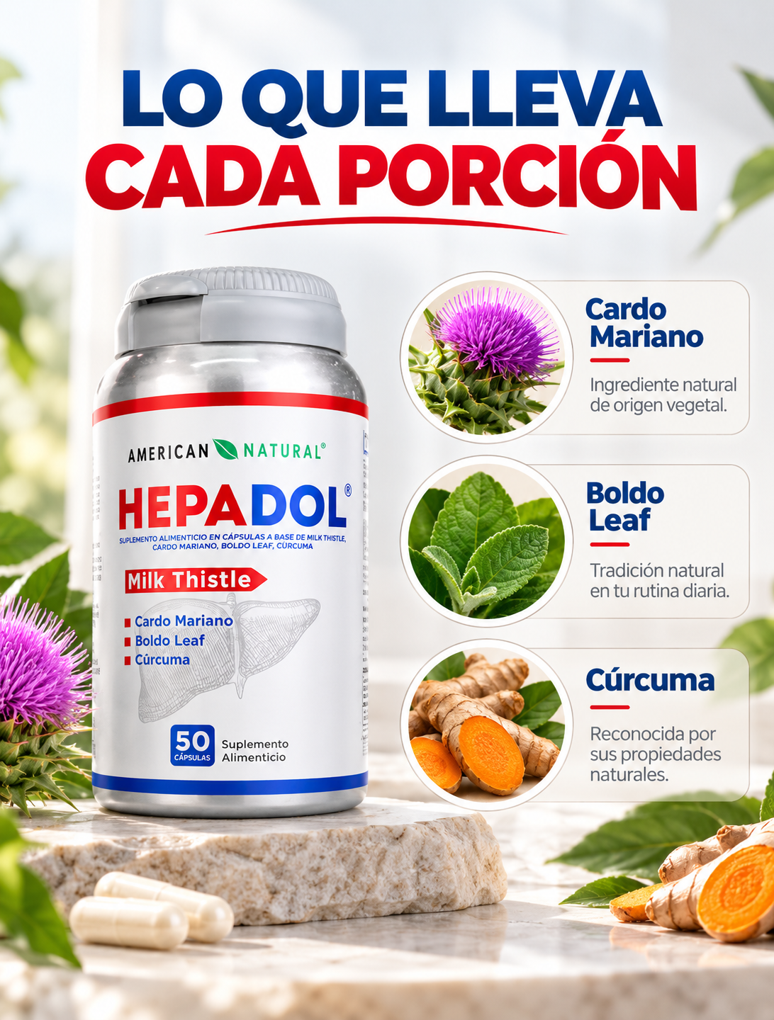 HEPADOL American Natural | Cardo Mariano, Boldo y Cúrcuma · 50 Cápsulas