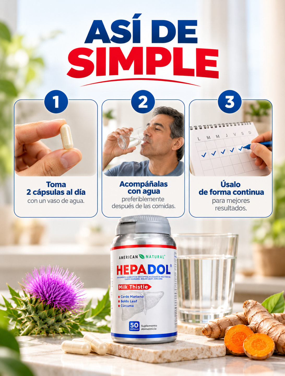 HEPADOL American Natural | Cardo Mariano, Boldo y Cúrcuma · 50 Cápsulas