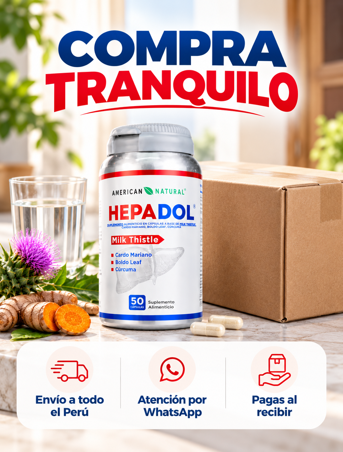 HEPADOL American Natural | Cardo Mariano, Boldo y Cúrcuma · 50 Cápsulas